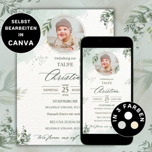 Digitale Einladung Taufe Neutral Versenden per WhatsApp Taufkarte Foto zum Ausdrucken Personalisierbar Taufeinladung Neutral Grün Gold Canva