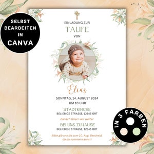 Invitation au baptême Carte de baptême numérique neutre à imprimer Carte de baptême personnalisable avec photo Invitation au baptême avec fleurs Modèle Canva