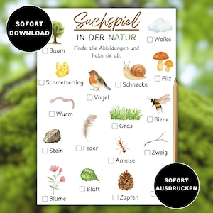 May include: A nature scavenger hunt activity sheet featuring watercolor illustrations of a tree, butterfly, bird, snail, mushroom, cloud, worm, grass, bee, rock, feather, ant, twig, flower, leaf, and pinecone with checkboxes and German text labels.