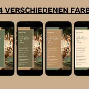 Op de afbeelding: Vier verschillende kleurvariaties van een verjaardags uitnodiging. De uitnodiging heeft een groen, bruin en beige kleurenschema met een handschrift. De tekst luidt "Einladung zum Geburtstags Feuer", wat vertaald wordt als "Uitnodiging voor verjaardags vuur". De uitnodiging bevat ook de datum en tijd van het feest.