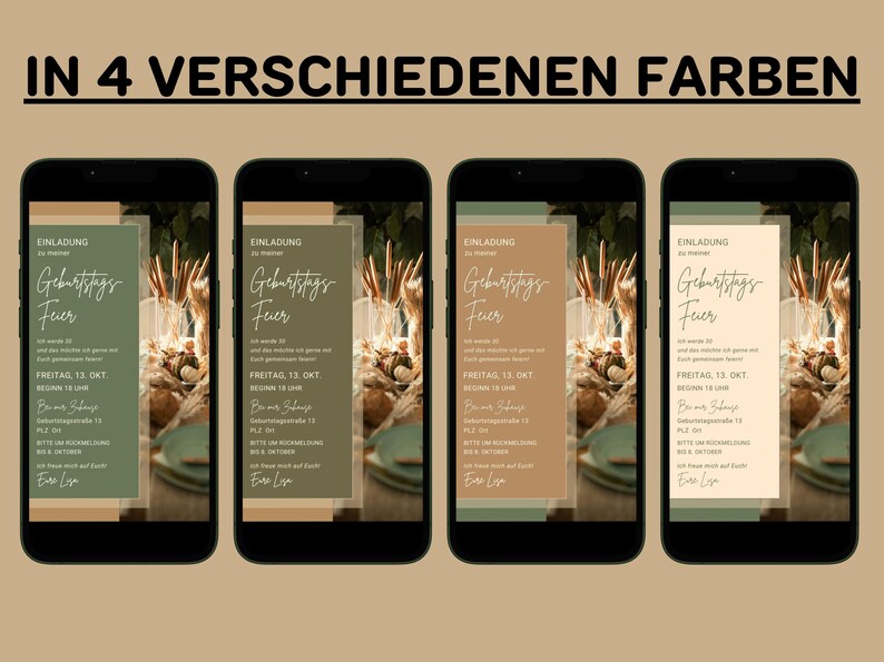 Op de afbeelding: Vier verschillende kleurvariaties van een verjaardags uitnodiging. De uitnodiging heeft een groen, bruin en beige kleurenschema met een handschrift. De tekst luidt "Einladung zum Geburtstags Feuer", wat vertaald wordt als "Uitnodiging voor verjaardags vuur". De uitnodiging bevat ook de datum en tijd van het feest.