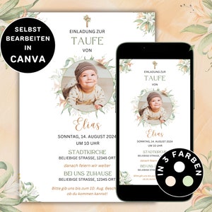 Invitación a Bautismo Neutral para enviar por WhatsApp Tarjeta de Bautismo Digital Foto para Imprimir Invitación de Bautismo Personalizable Flores Canva