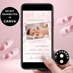 Digitale Geburtsanzeige zum Versenden per WhatsApp Personalisierbar Mädchen Geburtsangzeige eCard Geburt Verkünden Baby-Ankündigung Canva
