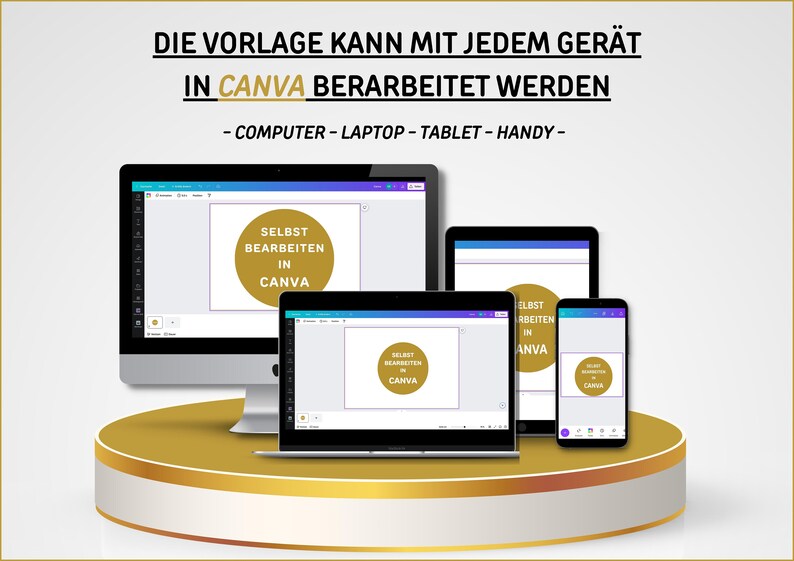 May include: Image showcasing a computer, laptop, tablet, and smartphone displaying a Canva interface. Text in German reads: "DIE VORLAGE KANN MIT JEDEM GER&Auml;T IN CANVA BERARBEITET WERDEN - COMPUTER - LAPTOP - TABLET - HANDY -"