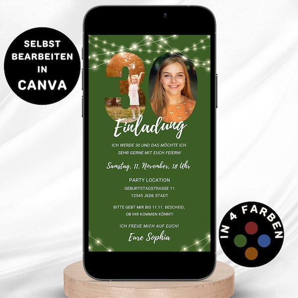 Digitale Einladung 30. Geburtstag eCARD Geburtstagsparty Einladung Photo Personalisierbar Sofort Download in 4 Farben Canva Vorlage 2 Größen