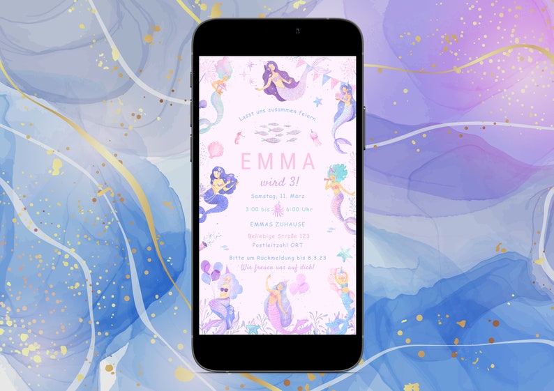 May include: A smartphone displays a pink mermaid-themed birthday invitation. The invitation features illustrations of mermaids, fish, and seashells. Text includes the name "EMMA", the age "31", date, time, and location details. The background is a watercolor design.