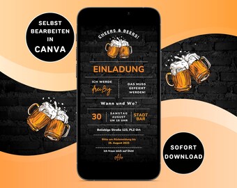 Digitale verjaardagskaart om te versturen via WhatsApp, verjaardagskaart voor mannen, verjaardagskaart met bierthema, Canva-sjabloon met bierthema 1080 x 1920 px