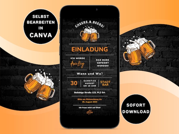 Digitale Geburtstagseinladung zum Versenden per WhatsApp eCard Geburtstag Männer Bier Einladung Geburtstag Bier Canva Vorlage 1080 x 1920 px