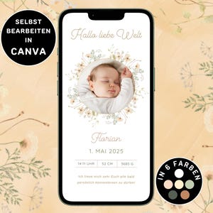 Anuncio de nacimiento digital Envío neutral a través de WhatsApp Anuncio de nacimiento personalizado Tarjeta electrónica boho Anuncio de nacimiento Anuncio de bebé Flores