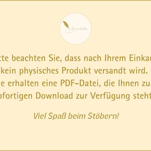 May include: Cream-colored background with a gold border and text. The text states that no physical product will be shipped after purchase, only a PDF file available for immediate download. A logo with a feather is at the top.