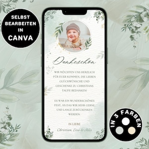 Digitale bedankkaart doop neutraal om te versturen via WhatsApp bedankkaart doop foto personaliseerbaar eCard bedankkaart doop neutraal groen
