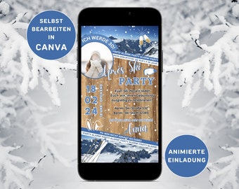 eCARD Après-ski feest, aanpasbaar voor verzending via WhatsApp, verjaardagskaart, geanimeerde verjaardagskaart, berghutfeest, Canva