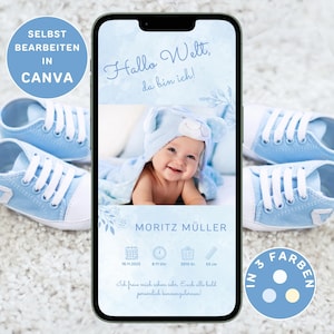 Anuncio de nacimiento digital niño para enviar por WhatsApp Anuncio de nacimiento eCard personalizable Anuncio de nacimiento Anuncio de bebé niño Canva