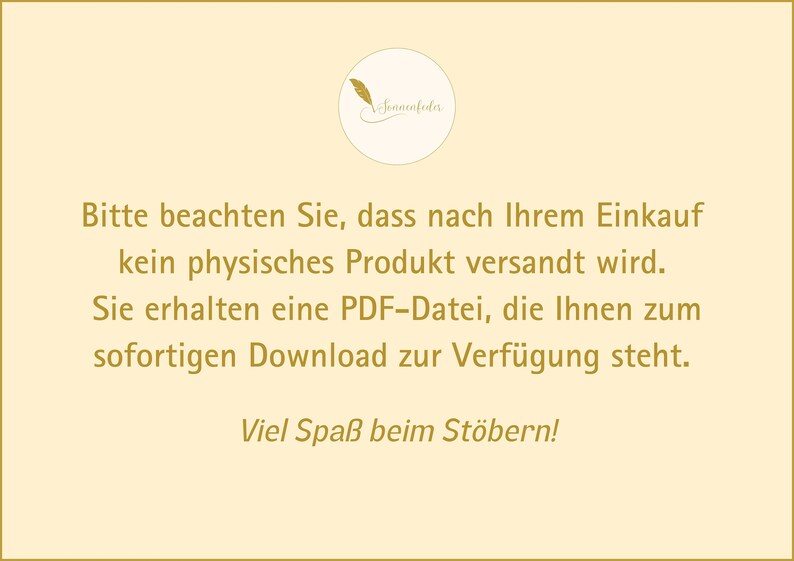 Op de afbeelding: Een melding over een digitale download met de tekst "Bitte beachten Sie, dass nach Ihrem Einkauf kein physisches Produkt versandt wird. Sie erhalten eine PDF-Datei, die Ihnen zum sofortigen Download zur Verf&uuml;gung steht. Viel Spa&szlig; beim St&ouml;bern!"