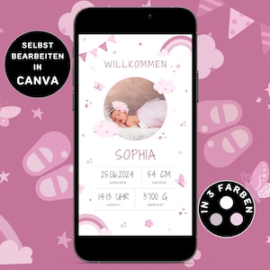 Annuncio di nascita digitale bambina Invia tramite WhatsApp Annuncio di nascita rosa personalizzabile eCard Annuncia la nascita bambina Annuncio di nascita