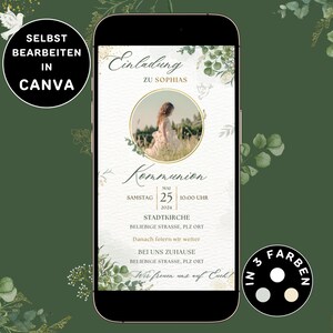 Digital Invitation Communion to send via WhatsApp First Communion with Photo Eucalyptus Personalizable eCard Invitation Confirmation Green
