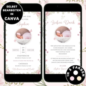 Digitale Einladung Taufe Mädchen Blumen zum Versenden per WhatsApp Taufkarte Foto Personalisierbar eCard Taufeinladung Mädchen Dankeskarte