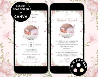 Invitación digital bautizo niña flores para enviar por WhatsApp tarjeta bautizo foto personalizable eCard invitación bautizo niña tarjeta agradecimiento