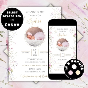 Invito digitale battesimo bambina da inviare tramite WhatsApp biglietto battesimo foto biglietto invito battesimo personalizzabile bambina fiori modello Canva