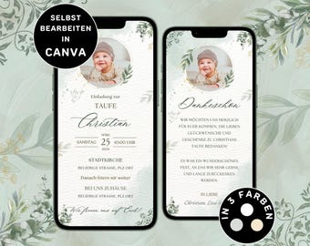 Invitación digital de bautismo, neutra, personalizable para enviar por WhatsApp, tarjeta de bautismo, tarjeta de agradecimiento con foto, bautismo, plantilla de Canva, fiesta de la iglesia, verde