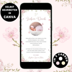 Digitale bedankkaart doopmeisje foto om te versturen via WhatsApp bedankkaart personaliseerbare eCard bedankje doopmeisje bloemen Canva