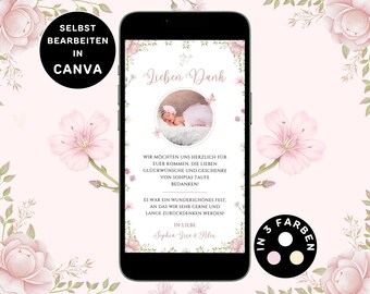 Tarjeta de agradecimiento digital bautizo niña foto para enviar por WhatsApp tarjeta de agradecimiento eCard personalizable gracias bautizo niña flores Canva