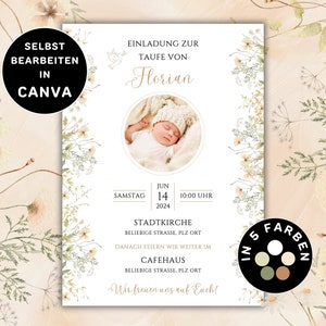 Tarjeta de invitación de bautizo neutra para enviar por WhatsApp, tarjeta de bautizo con foto, tarjeta de invitación de bautizo personalizable con flores neutras, plantilla Canva