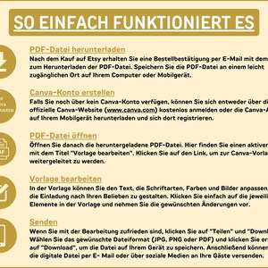 Op de afbeelding: Een gele en witte infographic met de tekst "SO EINFACH FUNKTIONIERT ES" in zwart. De infographic legt uit hoe je een PDF-bestand kunt downloaden, openen, bewerken en verzenden met Canva. De stappen worden ge&iuml;llustreerd met pictogrammen.