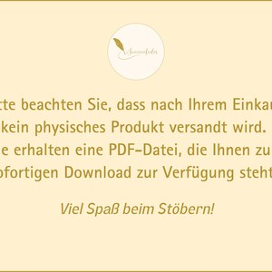 Op de afbeelding: Een melding over een digitale download met de tekst "Bitte beachten Sie, dass nach Ihrem Einkauf kein physisches Produkt versandt wird. Sie erhalten eine PDF-Datei, die Ihnen zum sofortigen Download zur Verf&uuml;gung steht. Viel Spa&szlig; beim St&ouml;bern!"