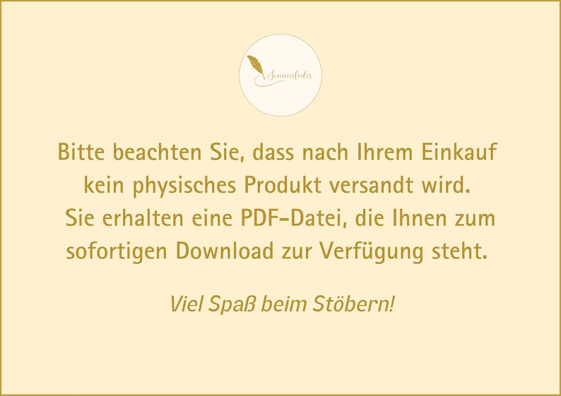 Op de afbeelding: Een melding over een digitale download met de tekst "Bitte beachten Sie, dass nach Ihrem Einkauf kein physisches Produkt versandt wird. Sie erhalten eine PDF-Datei, die Ihnen zum sofortigen Download zur Verf&uuml;gung steht. Viel Spa&szlig; beim St&ouml;bern!"