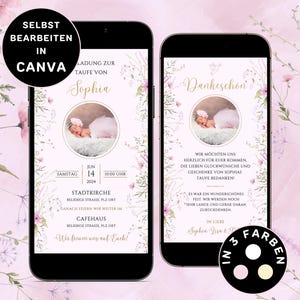 Digitale Einladung Taufe Mädchen zum Versenden per WhatsApp Taufeinladung Mädchen Personalisierbar eCard Taufe Blumen Dankeskarte Taufe Foto