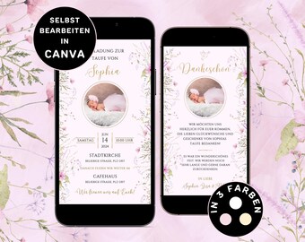 Invitación bautizo niña WhatsApp bautizo tarjeta agradecimiento niña invitación bautizo eCard personalizable bautizo flores rosa tarjeta agradecimiento bautizo niña