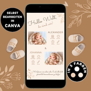 Anuncio de nacimiento digital de gemelos para enviar por WhatsApp Anuncio de nacimiento neutro personalizable Tarjeta electrónica Boho Anuncio de nacimiento de gemelos