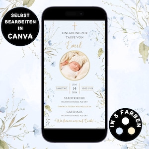 Einladung Taufe Junge zum Versenden per WhatsApp Taufkarte Foto Personalisierbar eCard Taufeinladung Junge Blumen Digitale Einladung Taufe