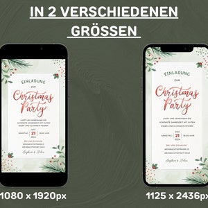 May include: A digital invitation for a Christmas party with a watercolor background featuring green pine branches, red berries, and white dots. The text reads "Einladung zur Christmas Party" and includes details about the date, time, and location of the party. The invitation is available in two sizes: 1080 x 1920 pixels and 1125 x 2436 pixels.