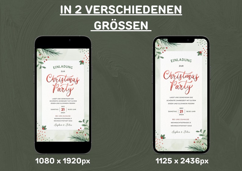 May include: A digital invitation for a Christmas party with a watercolor background featuring green pine branches, red berries, and white dots. The text reads "Einladung zur Christmas Party" and includes details about the date, time, and location of the party. The invitation is available in two sizes: 1080 x 1920 pixels and 1125 x 2436 pixels.