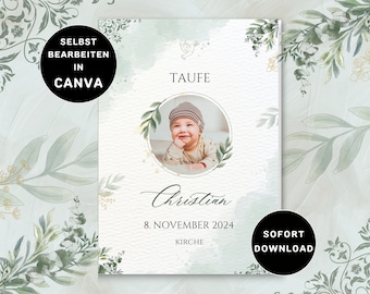 Cyfrowy szablon książeczki chrztu, neutralna książeczka chrztu, spersonalizowana książeczka chrztu, książeczka kościelna, książeczka chrztu, program chrztu, zielony szablon Canva
