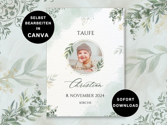 Digitale Taufheft Vorlage Neutral Taufheft Personalisierbar Kirchenheft Taufe zum Audrucken Heft Taufablauf Taufprogramm Grün Canva Vorlage