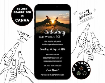Geburtstagseinladung Bier Personaliserbar Digitale Einladung Geburtstag Mann WhatsApp eCard Geburtsagparty Einladung Bier Schwarz Weiß Handy