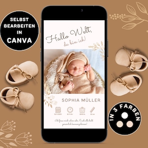 Anuncio de nacimiento digital para enviar por WhatsApp Anuncio de nacimiento neutro Tarjeta electrónica personalizable Anuncio de nacimiento Anuncio de bebé Canva