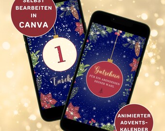 Calendario dell'Avvento digitale, calendario dell'Avvento WhatsApp personalizzabile, calendario di Natale video, calendario dell'Avvento animato blu di Instagram per uomo