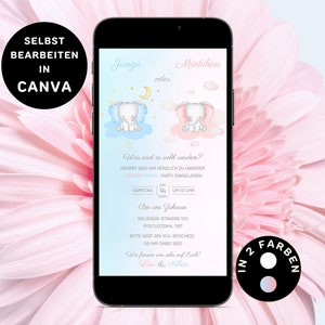 Invito per la festa di rivelazione del sesso del bambino da inviare tramite WhatsApp Invito digitale per la festa del bambino Elefanti Modello Canva per il sesso del bambino o della bambina