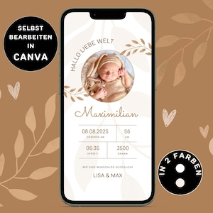 Anuncio de nacimiento digital neutro para enviar por WhatsApp Anuncio de nacimiento eCard personalizable Anuncio de nacimiento Anuncio de bebé Boho Canva