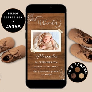 Digitale Geburtsanzeige zum Versenden per WhatsApp Personalisierbar Geburtsangzeige Digital Holz eCard Geburt Verkünden Baby Ankündigung