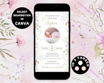 Digitale Einladung Taufe Mädchen zum Versenden per WhatsApp Taufkarte Foto Personalisierbar eCard Taufeinladung Mädchen Blumen Canva Vorlage