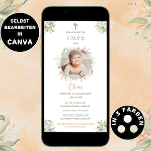 Einladung zur Taufe Neutral zum Versenden per WhatsApp Digitale Taufkarte Foto Personalisierbar eCard Taufeinladung mit Blumen Canva Vorlage