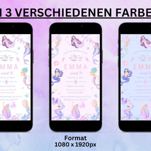 May include: Three smartphones displaying a mermaid-themed invitation for a third birthday party. The invitation features mermaids, fish, and text in German. The background is a gradient of pink and purple. The format is 1080 x 1920px.