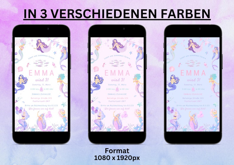May include: Three smartphones displaying a mermaid-themed invitation for a third birthday party. The invitation features mermaids, fish, and text in German. The background is a gradient of pink and purple. The format is 1080 x 1920px.
