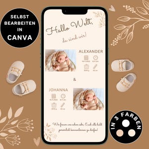 Digitale Geburtsanzeige Zwillinge zum Versenden per WhatsApp Neutrale Geburtsanzeige Boho eCard Geburt Ankünden Zwillinge Personalisierbar