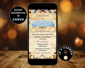Digitale Oktoberfest Geburtstagsparty Einladung Holz zum Versenden per WhatsApp Personalisierbar Wiesn Bier Party O’zapft is! Canva Vorlage